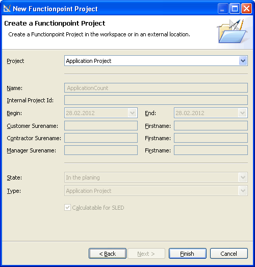 Create application project wizard dialog