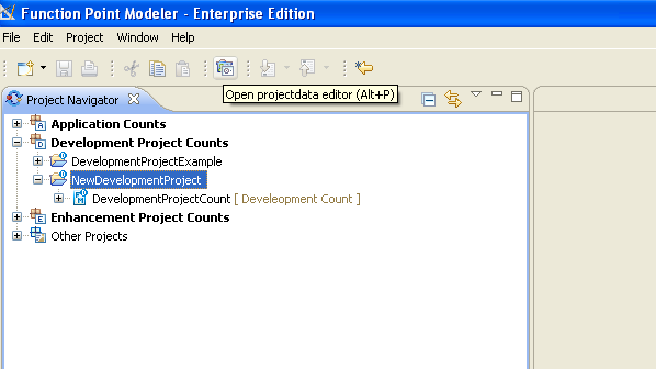 Menu Open project data editor