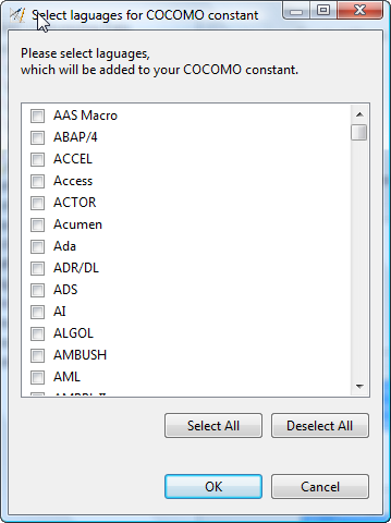 COCOMO Language Selection Dialog