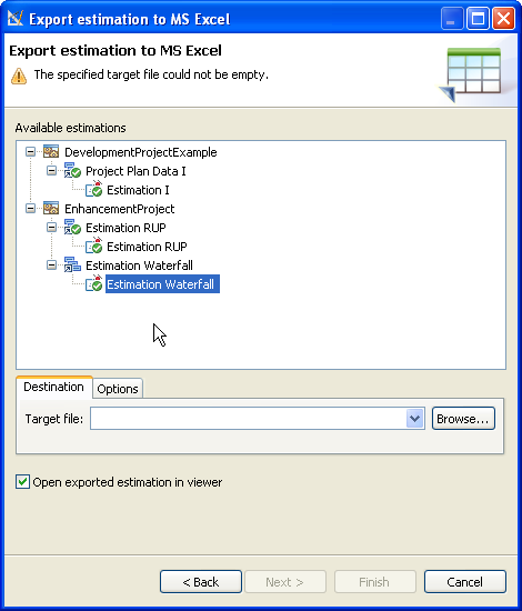 Select Estimation for MS Excel Export