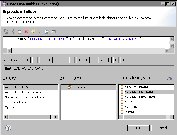 Figure 4-2 The expression builder showing a column-binding expression