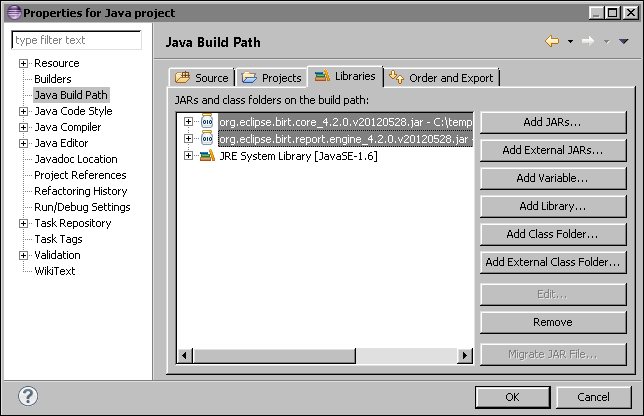 Figure 24-1 The report engine JAR file in the build path