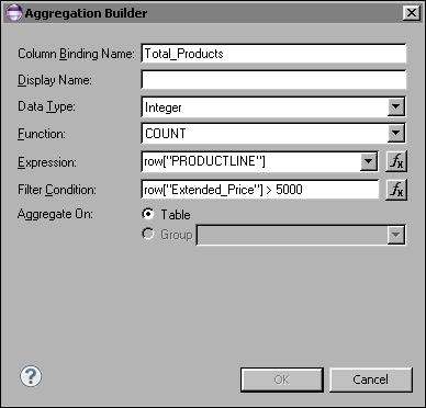 Figure 9-1 Aggregation Builder displaying values for getting the count of products in the table