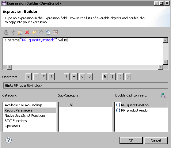 Figure 12-5 Using the expression builder to select a report parameter