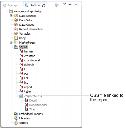 Figure 7-10 Outline showing a linked CSS file and its styles