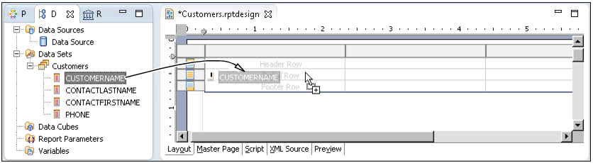 Figure 1-14 Dragging a column from Data Explorer, and dropping it in a table cell