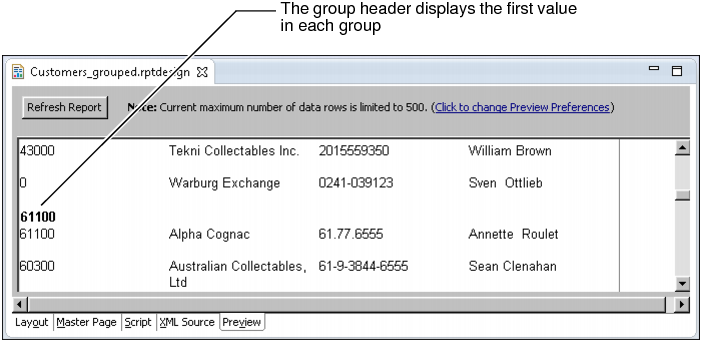 Figure 8-7 Report preview showing one of the four credit limit groups