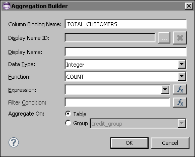 Figure 8-16 Aggregation Builder displaying values for getting the count of customers in the table