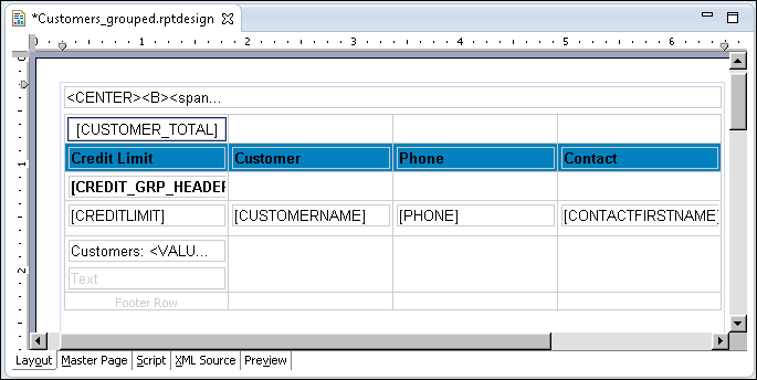 Figure 8-19 Report design showing a total count for customers