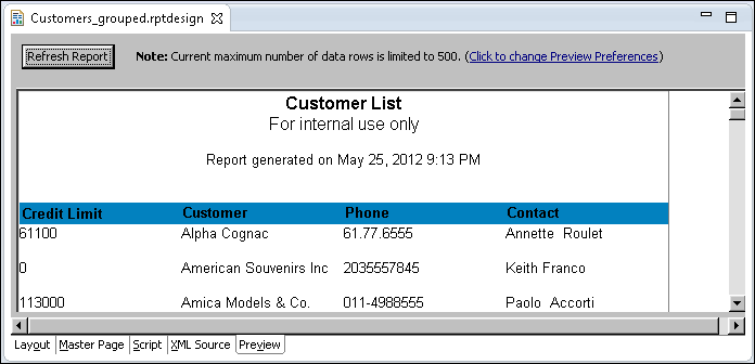 Figure 8-5 Report preview showing the result of adding credit limit