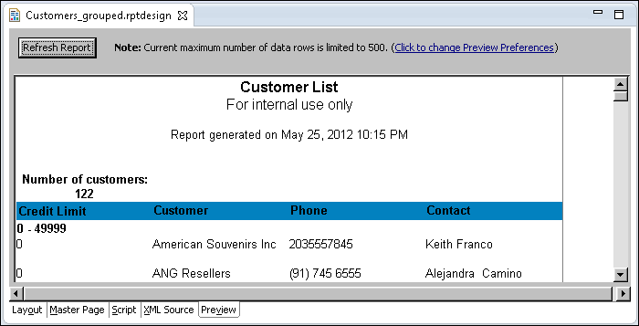 Figure 8-20 Report preview showing a total number of customers