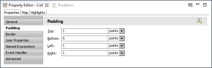 Figure 8-25 Property Editor showing padding values for selected cells