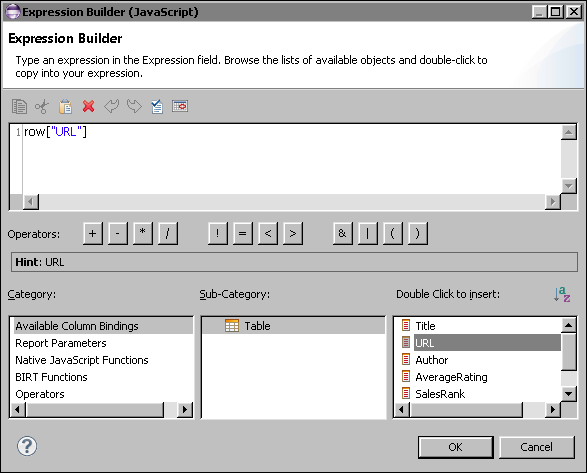 Figure 5-3 The expression builder showing a selected data set field that stores the URLs to images