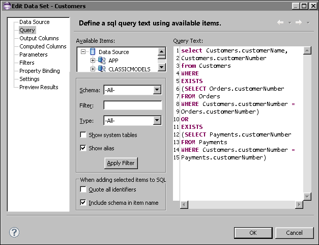 Figure 13-24 Updated SELECT query in Edit Data Set