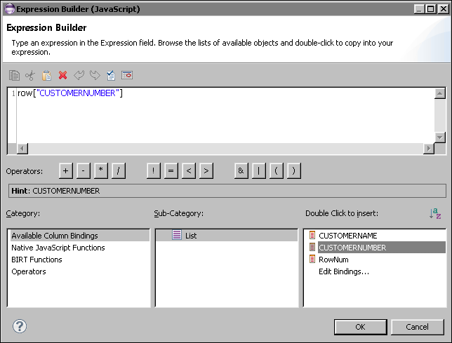 Figure 13-17 CUSTOMERNUMBER field in the expression builder