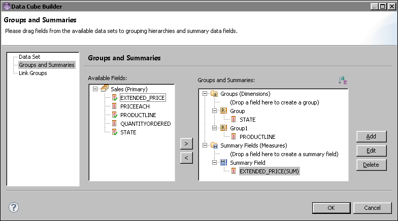 Figure 17-6 Cross Tab Cube Builder displaying two groups and a summary field