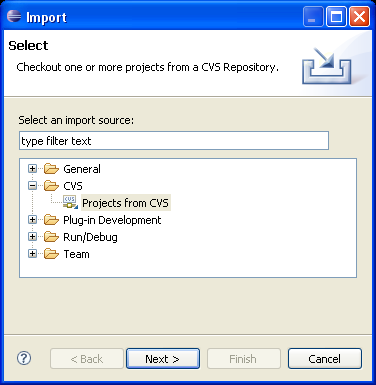 Screenshot of Import type selection