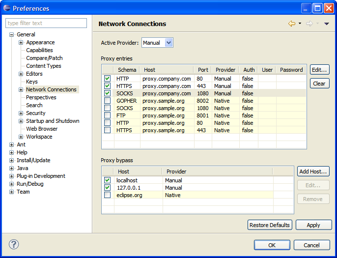 Network Connections preference page