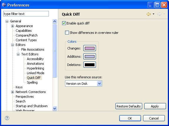Image of the Quick Diff preference page