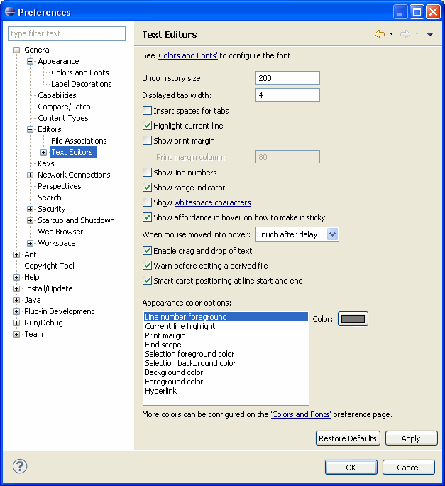 Image of the Text Editors preference page