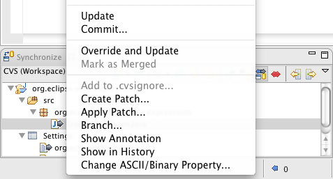 Screenshot of a context menu in the Synchronize view